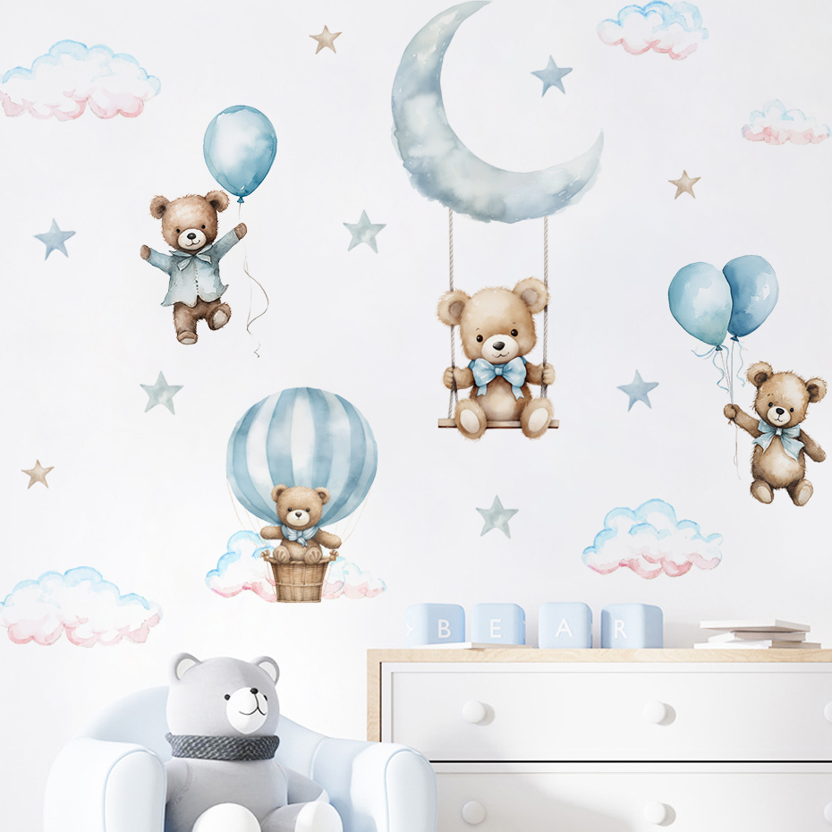 Baby Nursery Boy - Watercolor Bear Hot Air Balloon Cloud