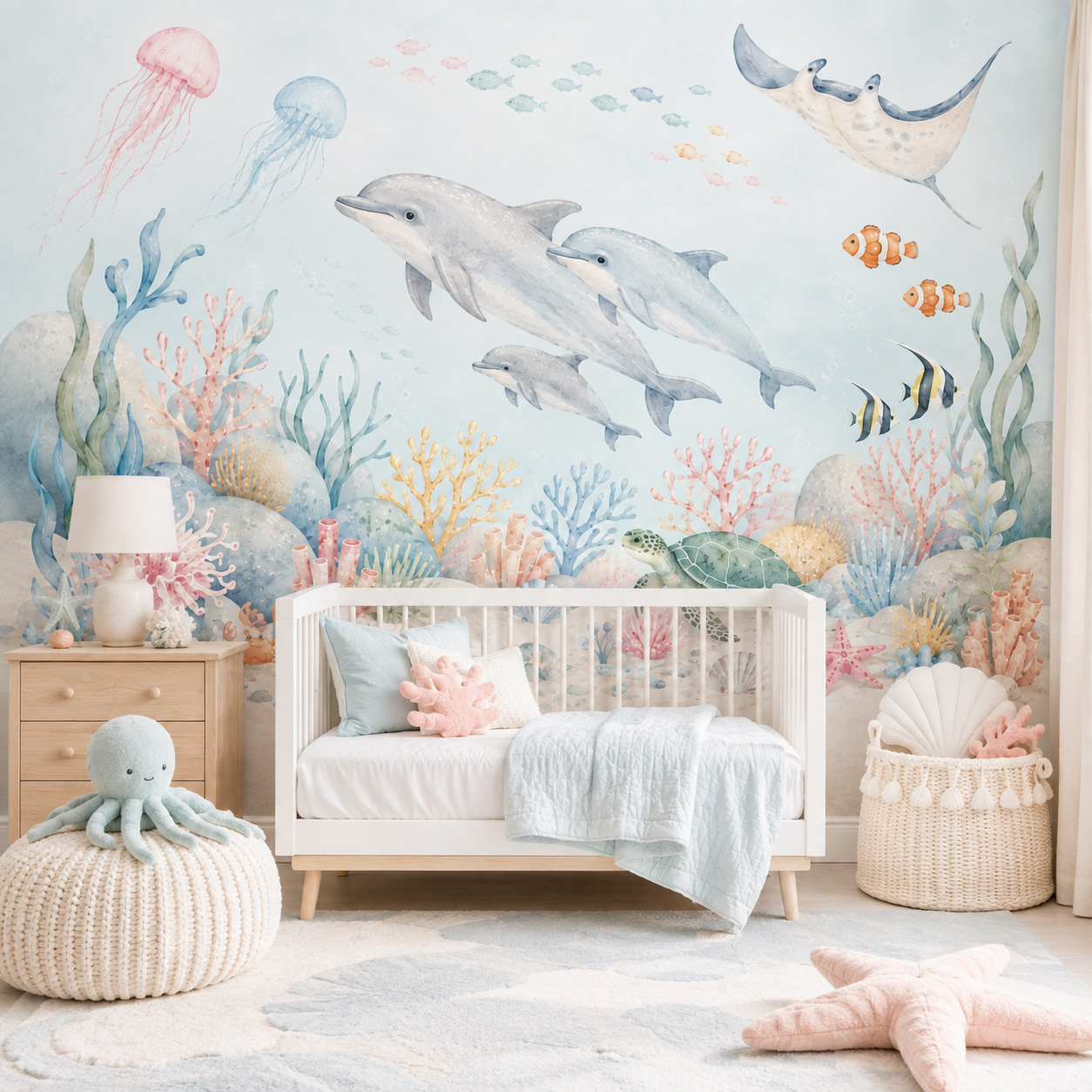 Underwater Sea Animals Self Ad - đánh giá và giá Baby Nursery Peel And Stick Wallpaper